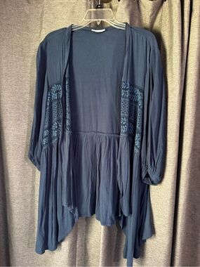Women’s Open-Front Navy Cardigan with Crochet Panels